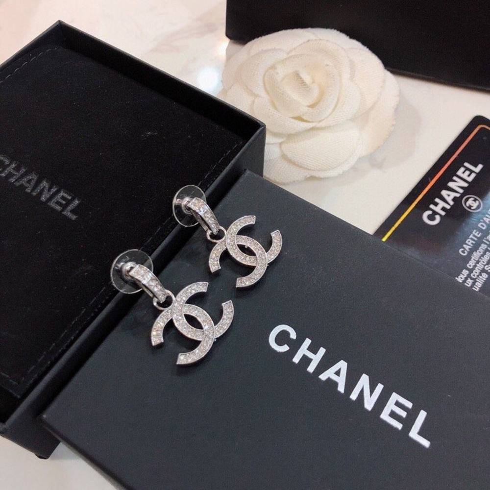 CHANEL Silver Crystal CC Drop Earrings - Picture 3 of 4